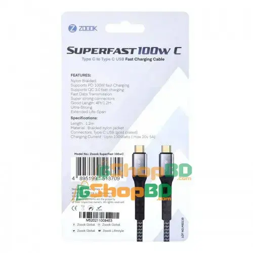 ZOOOK Superfast 100W C USB Type-C To Type-C Fast Charging Cable